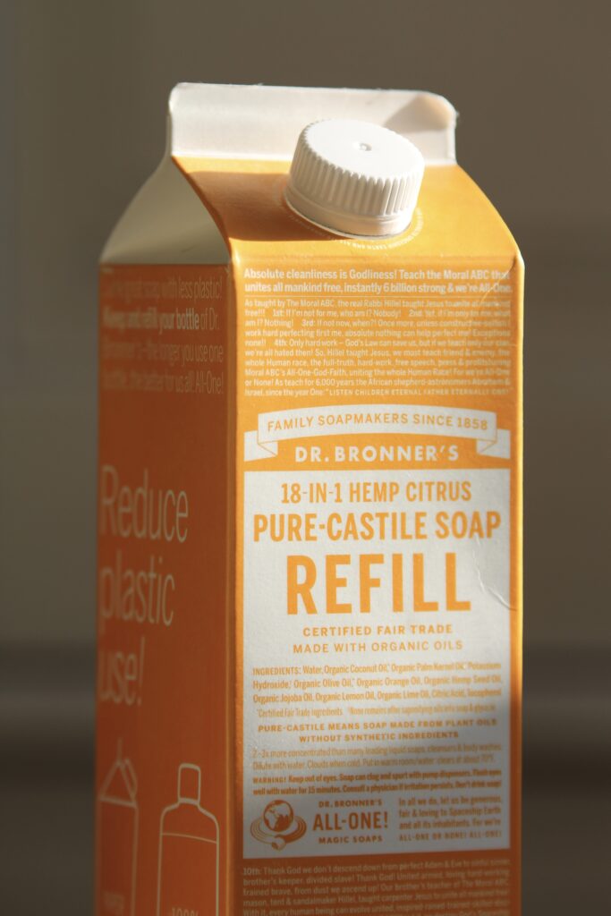 dr bronners soap refill in orange carton